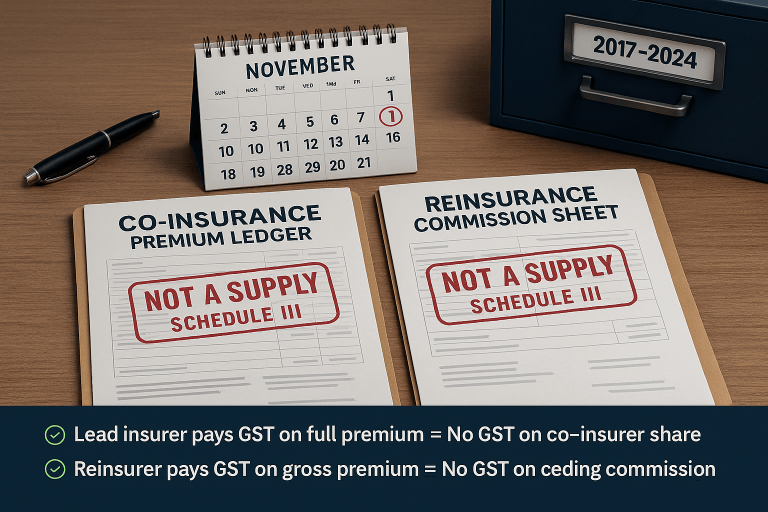 Regularizing payment of GST on co-insurance premium apportioned by the lead insurer to the co-insurer and on ceding /re-insurance commission deducted from the reinsurance premium paid by the insurer to the reinsurer.