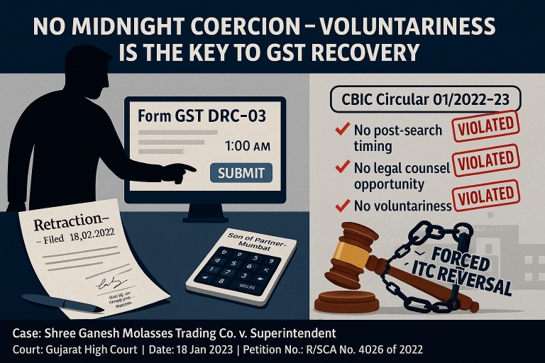 Tax Collected through Reversal of Input Tax Credit during Search Proceedings during midnight cannot be treated as voluntary payment of tax by assessee.