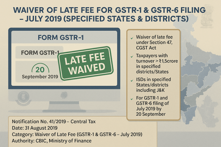 Waiver of Late Fee for GSTR-1 & GSTR-6 Filing – July 2019 (Specified States & Districts)