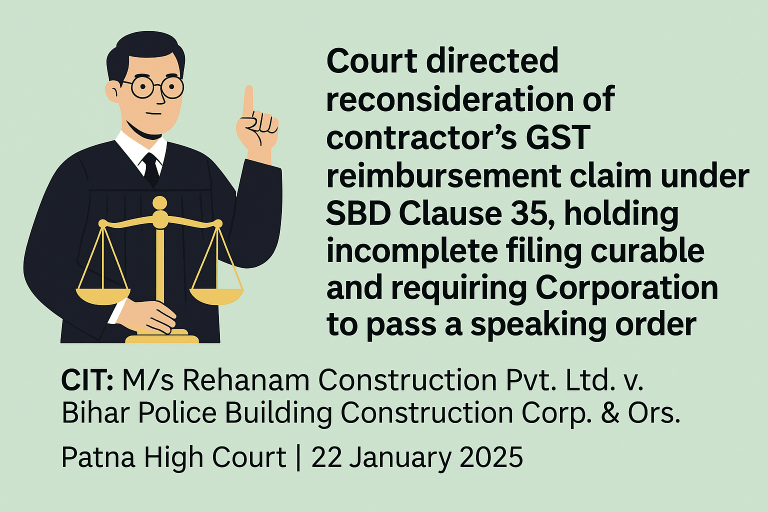 Court directed reconsideration of contractor’s GST reimbursement claim under SBD Clause 35, holding incomplete filing curable and requiring Corporation to pass a speaking order