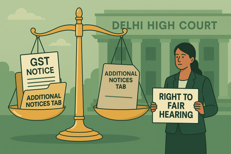 GST adjudication order set aside as SCN was uploaded only under “Additional Notices Tab,” denying fair hearing; matter remanded while validity of Notification 56/2023 kept pending before Supreme Court