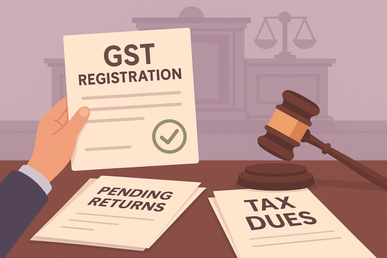 GST registration cancellation set aside as Court held restoration permissible upon filing pending returns and payment of tax, interest, fine, and penalty
