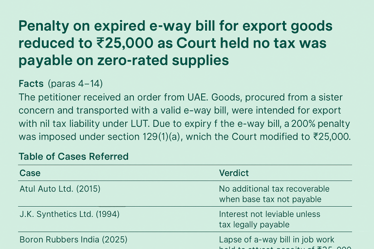 Penalty on expired e-way bill for export goods reduced to ₹25,000 as Court held no tax was payable on zero-rated supplies