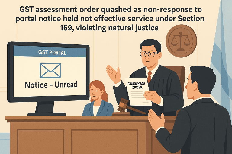 GST assessment order quashed as non-response to portal notice held not effective service under Section 169, violating natural justice
