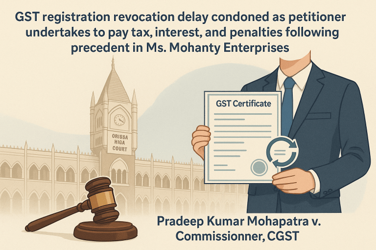 GST registration revocation delay condoned as the petitioner undertook to pay tax, interest, and penalties following the precedent in M/s. Mohanty Enterprises