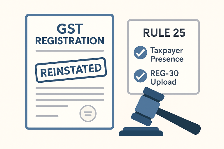 GST registration restored as cancellation violated mandatory Rule 25 procedure requiring presence of taxable person and uploading of REG-30 report