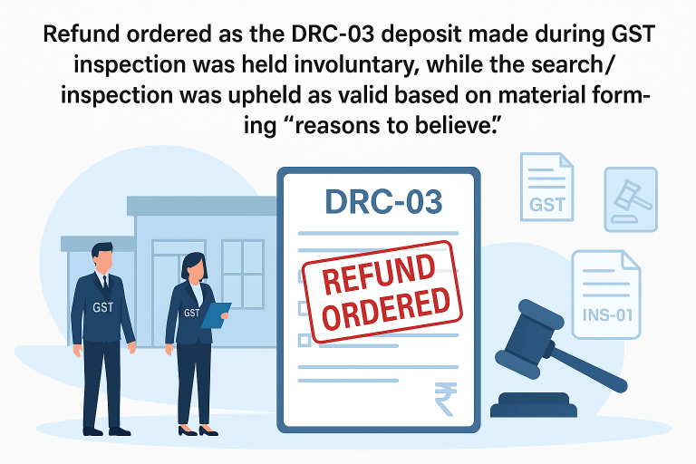 Refund ordered as the DRC-03 deposit made during GST inspection was held involuntary, while the search/inspection was upheld as valid based on material forming “reasons to believe”.