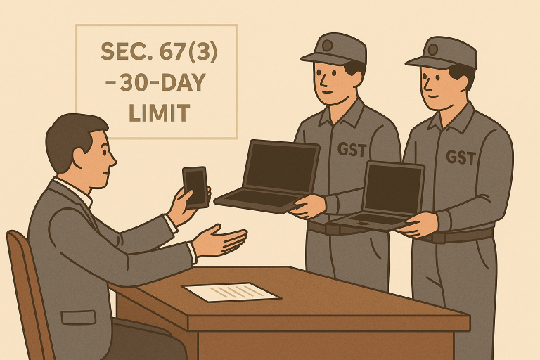Seized electronic devices directed to be returned within statutory limits as the Court held that Section 67(3) mandates release within 30 days of notice and authorities cannot indefinitely retain goods or withhold data copies from the taxpayer.