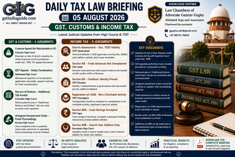 Daily Tax Law Briefing – GST, Customs & Income Tax | 05 August 2026